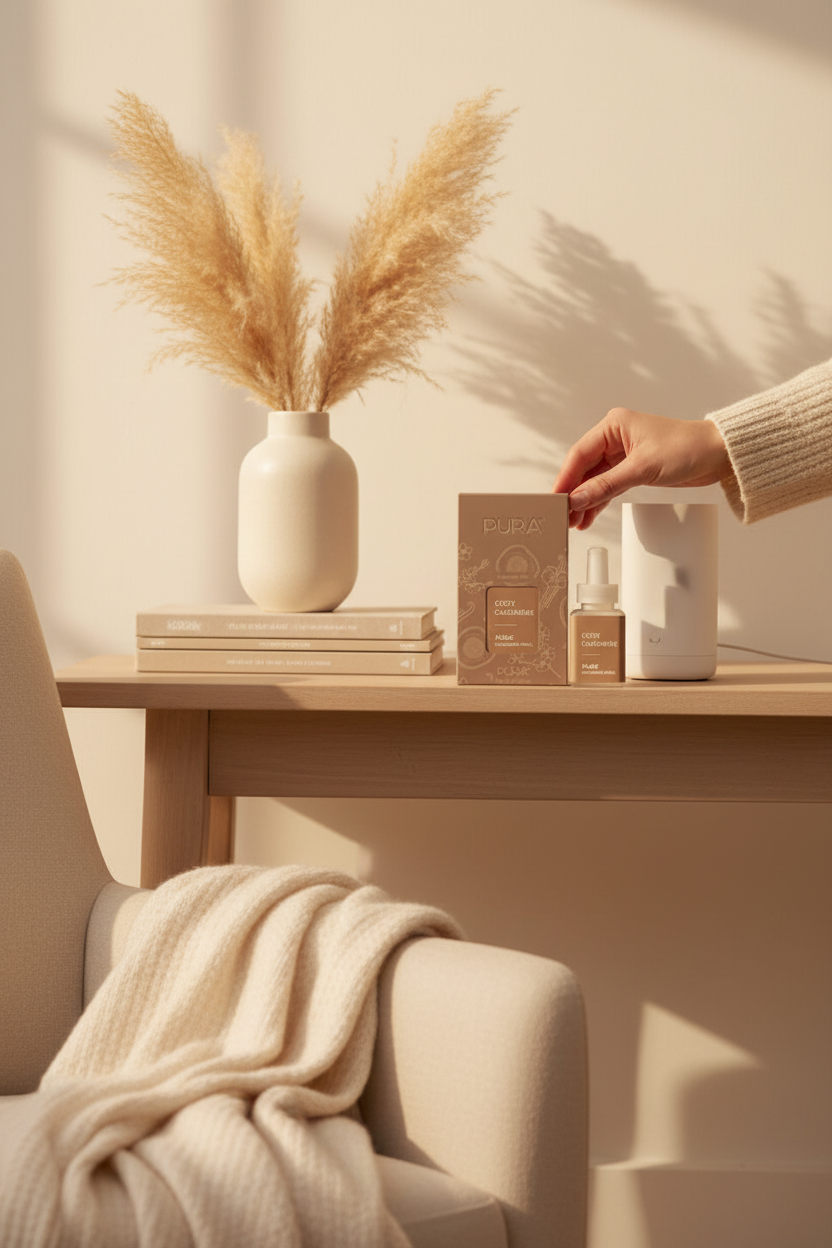 Pura Cozy Cashmere smart vial on a styled console table in a warm living room, perfect for filling your home with fragrance and easy gifting