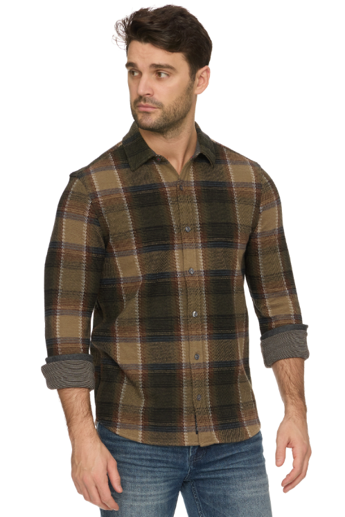 Flag & Anthem Crawley knit flannel in Olive/Brown, a soft, stretchy knit flannel for fall weekends, cabin trips, bonfires and casual Fridays