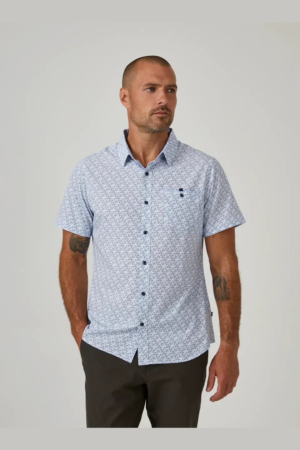 7 Diamonds Cube shirt in White, a comfortable, stylish short sleeve button-up for summer weddings, vacations, patio dinners and the golf course