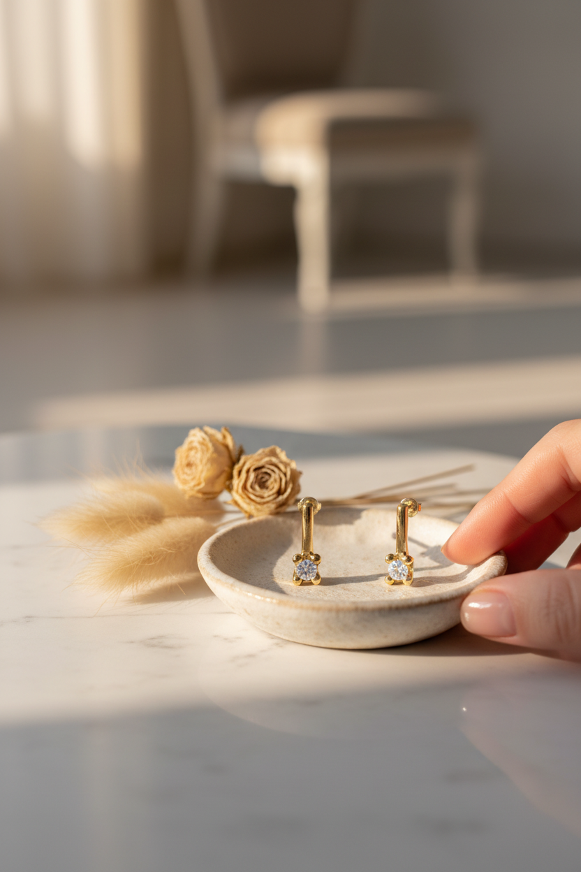 UNO de 50 Divine Gold Earring on a ceramic dish on a vanity, perfect for everyday wear, date nights and gifting