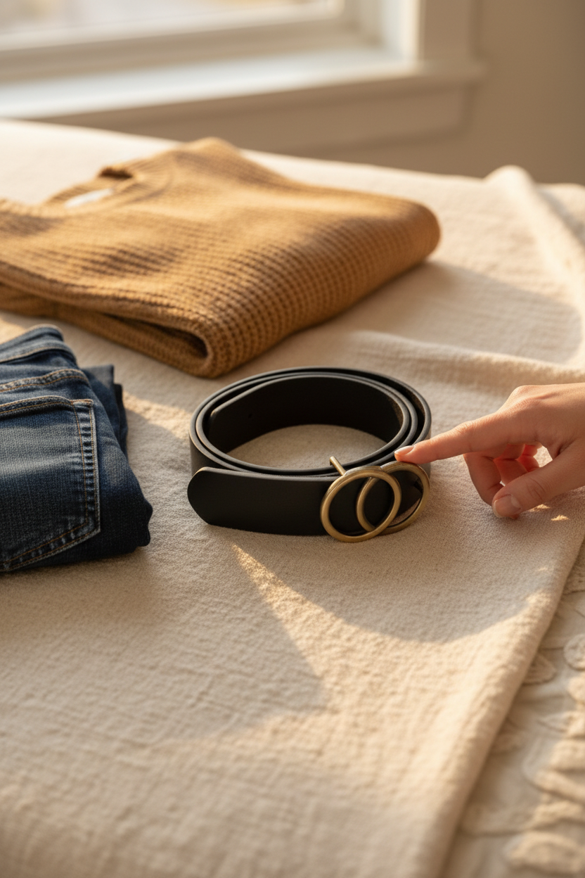 Josslyn Double O Buckle Belt in Black styled on a cream linen bed with denim and a camel sweater, perfect for pairing with jeans, dresses and everyday outfits