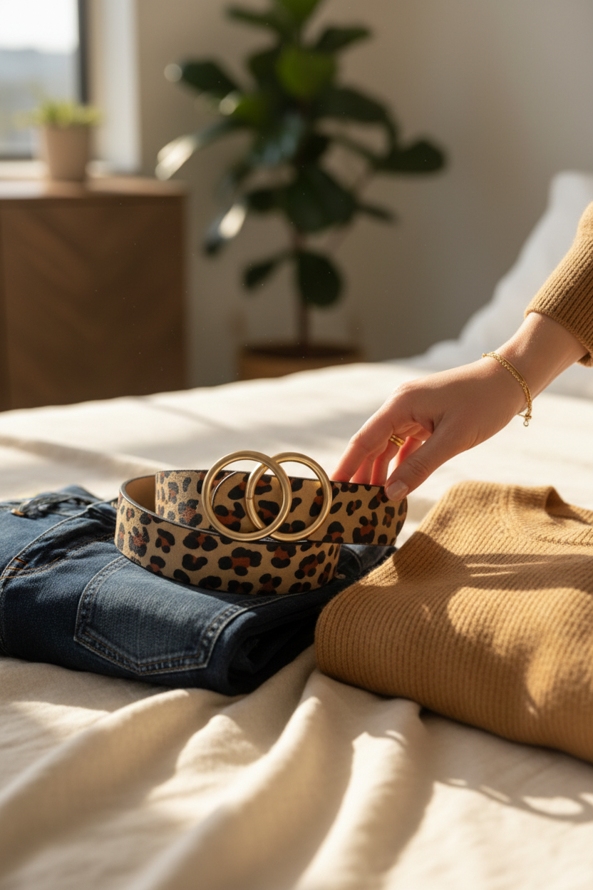 Josslyn Double O Buckle Belt in Leopard styled on a cream linen bed with denim and a camel sweater, perfect for pairing with jeans, dresses and everyday outfits