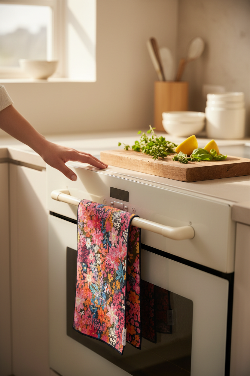 Crae.Home Double-Sided Hand Towel-Harmony hanging in a sunny kitchen, perfect for drying hands and dishes, holiday hosting and hostess gifts