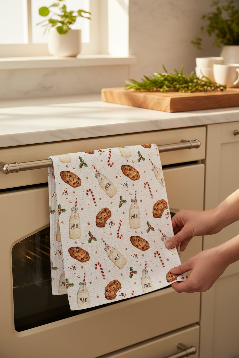 Crae.Home Double-Sided Hand Towel-Midnight Munch hanging in a sunny kitchen, perfect for drying hands and dishes, holiday hosting and hostess gifts