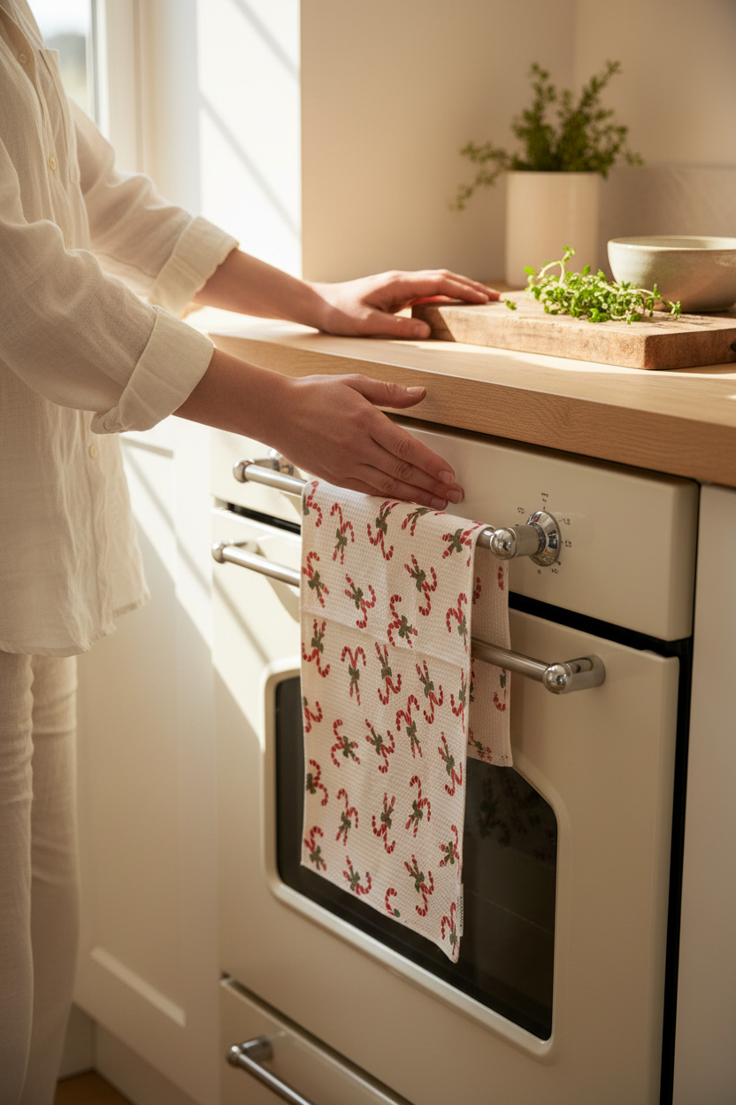 Crae.Home Double-Sided Hand Towel in Mint To Be hanging in a sunny kitchen, perfect for drying hands and dishes, holiday hosting and hostess gifts