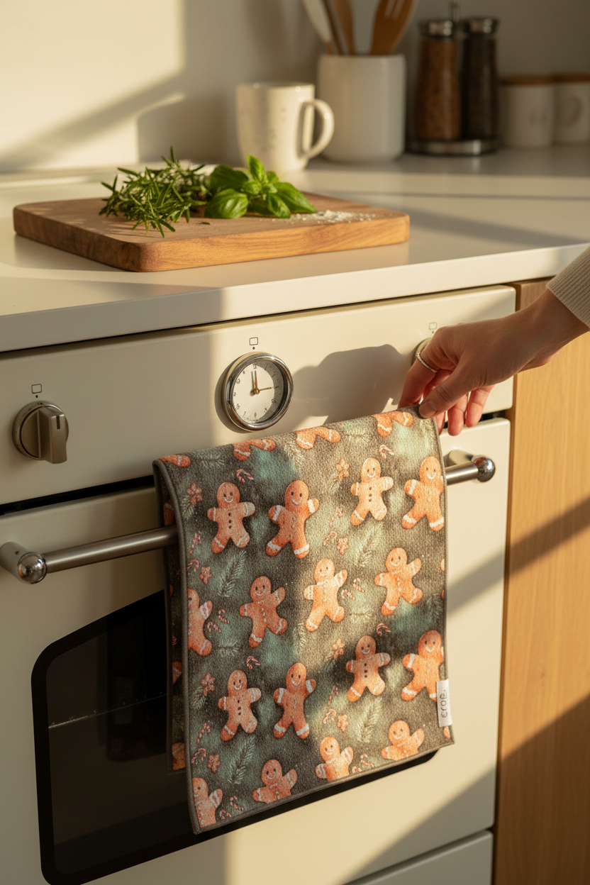 Crae.Home Double-Sided Hand Towel-Run As Fast hanging in a sunny kitchen, perfect for drying hands and dishes, holiday hosting and hostess gifts