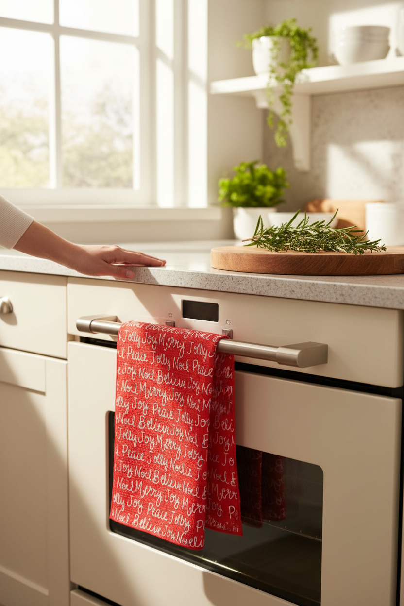 Crae.Home Double-Sided Hand Towel-Seasons Greetings hanging in a sunny kitchen, perfect for drying hands and dishes, holiday hosting and hostess gifts