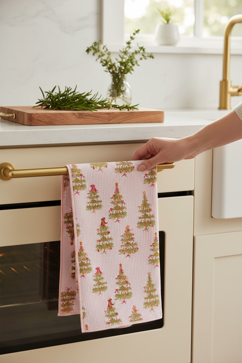 Crae.Home Double-Sided Hand Towel in Tinsel Tied hanging in a sunny kitchen, perfect for drying hands and dishes, holiday hosting and hostess gifts