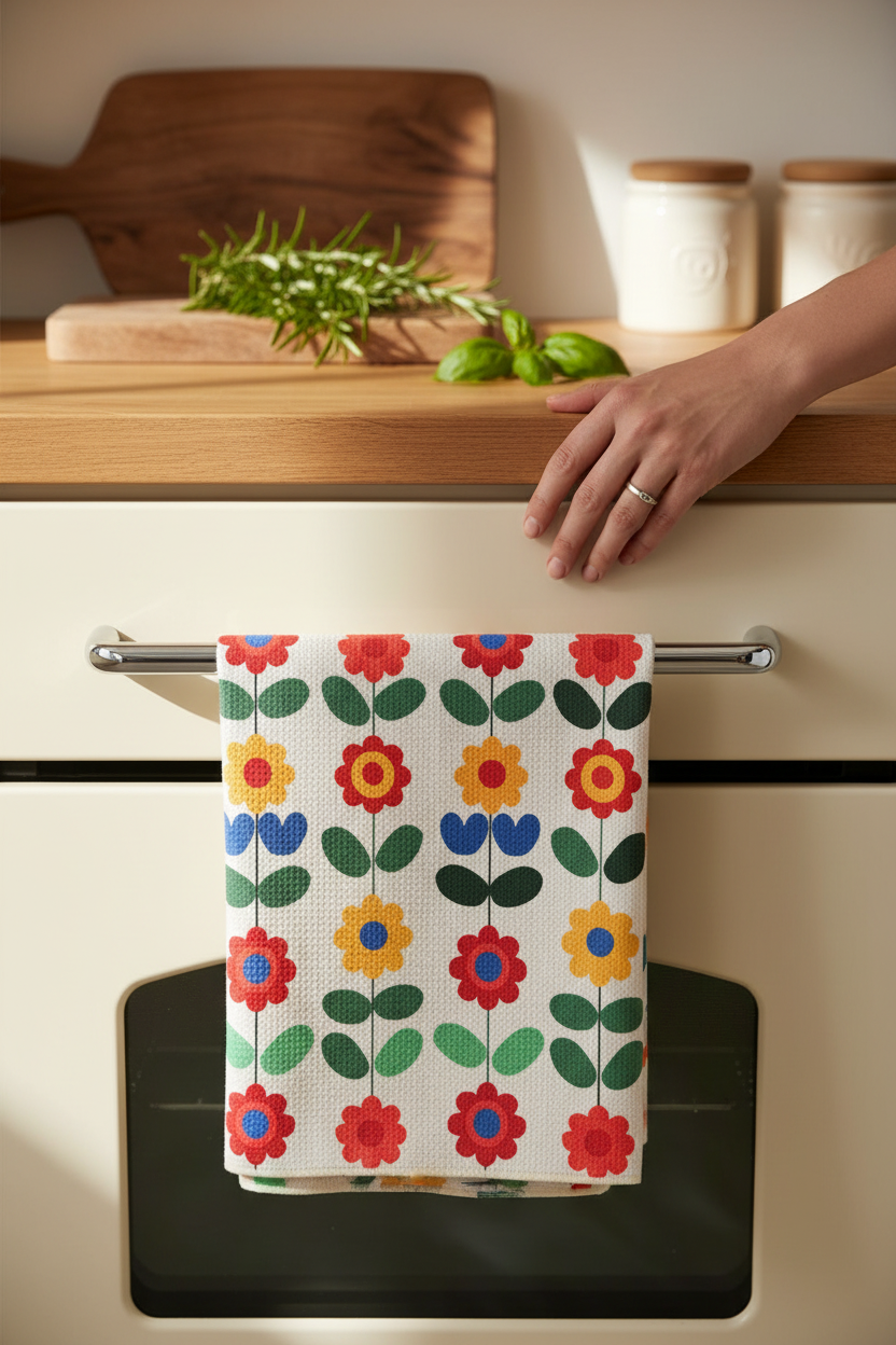 Crae.Home Double-Sided Hand Towel-VW hanging in a sunny kitchen, perfect for drying hands and dishes, holiday hosting and hostess gifts