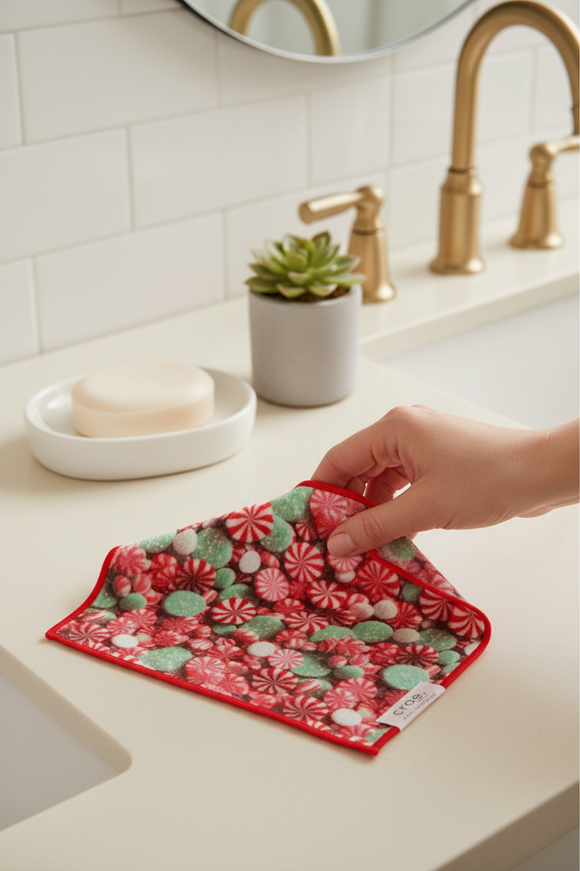 Crae.Home Double-Sided Washcloth in Peppermint Swirl on a bathroom counter, perfect for everyday use in the bath and kitchen, and easy hostess gifts