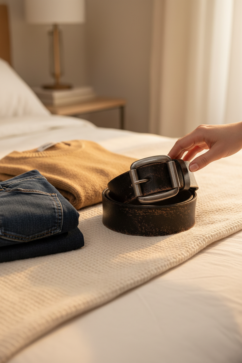 BedStu Drifter Belt styled on a cream linen bed with denim and a camel sweater, perfect for pairing with jeans, dresses and everyday outfits
