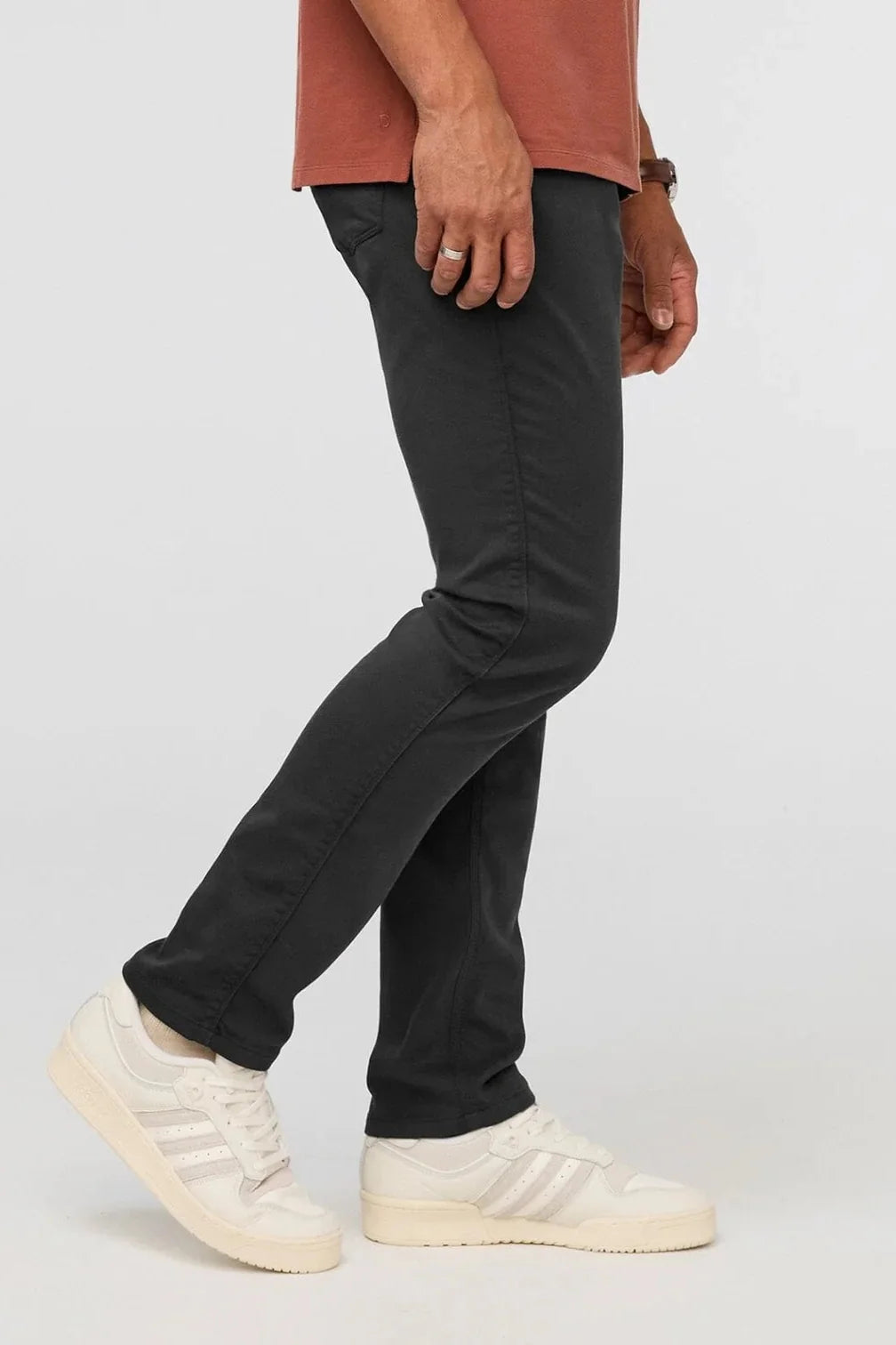 DUER No Sweat relaxed taper pants in Slate, breathable stretch pants cut for athletic builds that stay cool and comfortable at the office, on travel days and at dinner