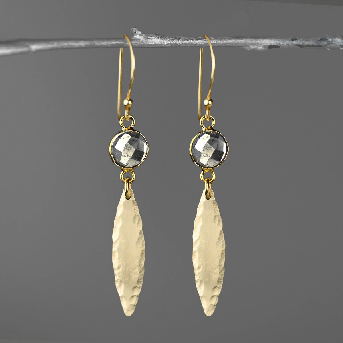 Brass Hammered Marquise w/ Semi Precious Earrings: Labradorite (Blue) | KBD Studio - view 3