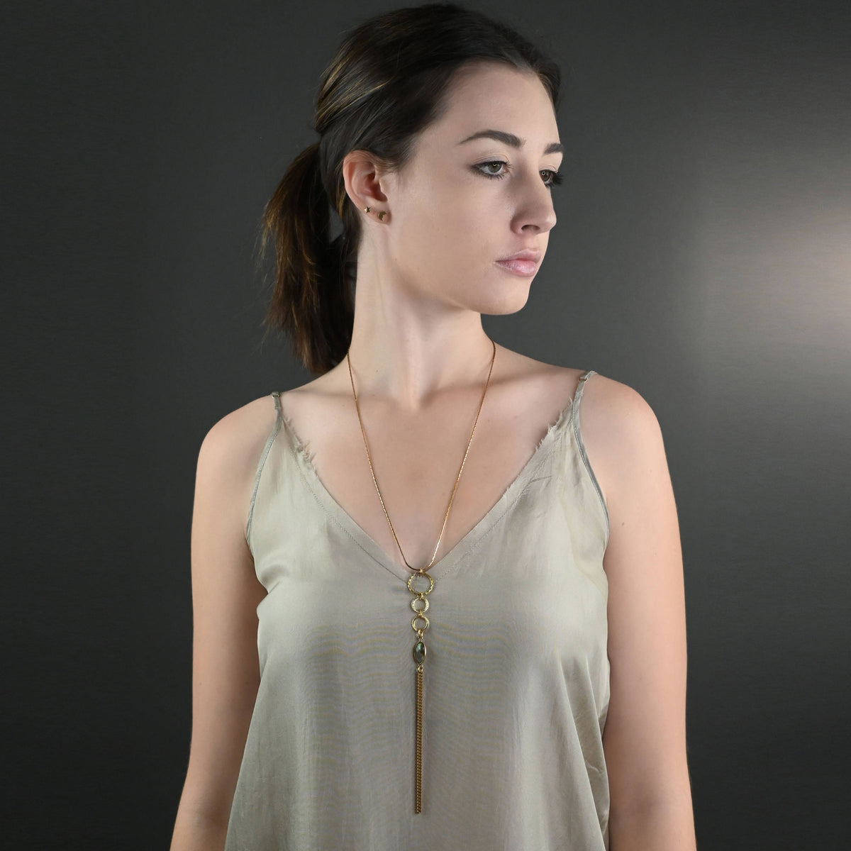 Triple Circle Drop w/ Semi Precious on Adjustable Chain: Labradorite | KBD Studio - view 5