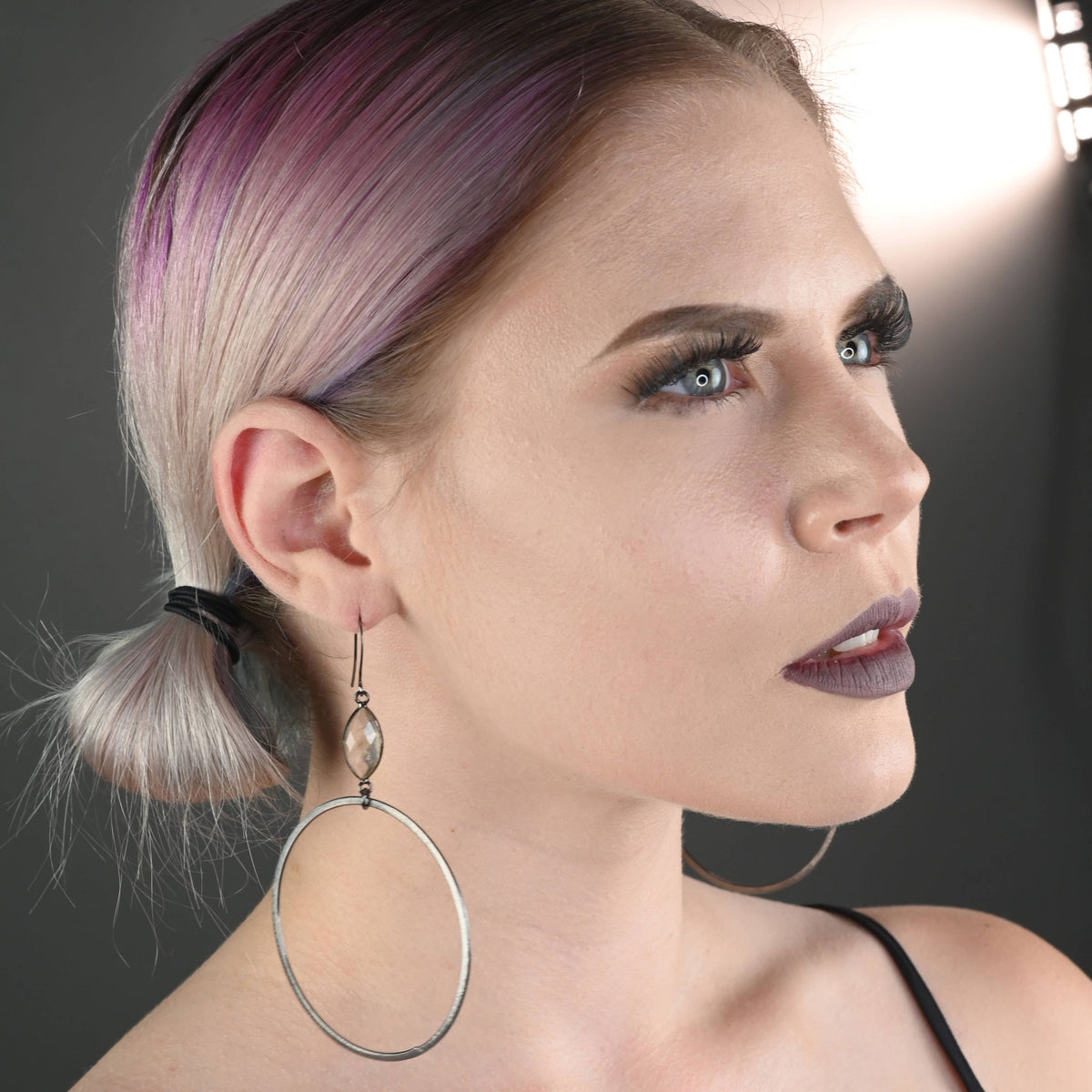 Gunmetal Large Hoops w/ Semi Precious Earrings: Prasiolite | KBD Studio - view 2