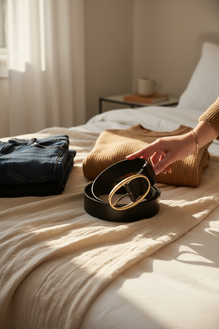 Sanctuary Endless Leather Belt styled on a cream linen bed with denim and a camel sweater, perfect for pairing with jeans, dresses and everyday outfits