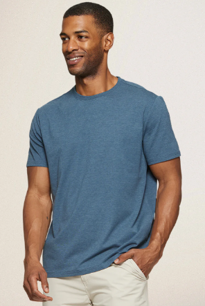 Flag & Anthem Essentials stretch crewneck tee in Navy Heather, a soft, high-quality stretch tee for everyday wear, layering, travel and weekends