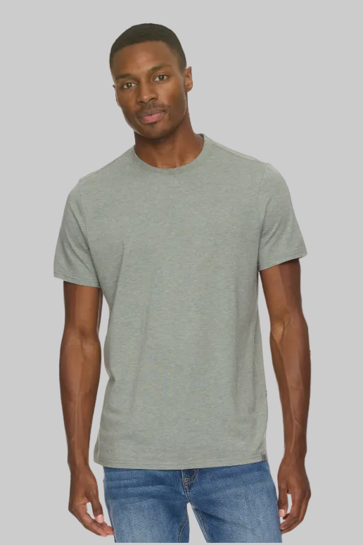 Flag & Anthem Essentials stretch crewneck tee in Sage Heather, a soft, high-quality stretch tee for everyday wear, layering, travel and weekends