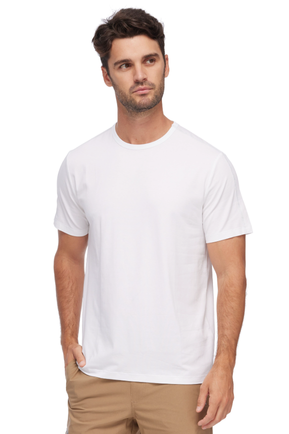 Flag & Anthem Essentials stretch crewneck tee in White, a soft, high-quality stretch tee for everyday wear, layering, travel and weekends