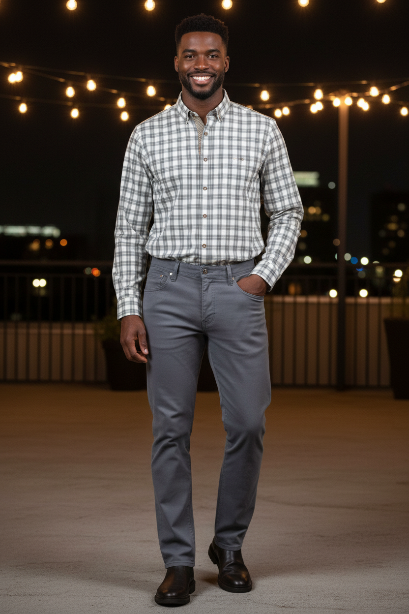 Man wearing the AG Everett Jean in Folkestone Grey with the Johnston & Murphy Heathered Woven Shirt in Navy/Tan Shadow Grid at an evening rooftop event, an easy outfit for evening events, rooftop parties and nights out