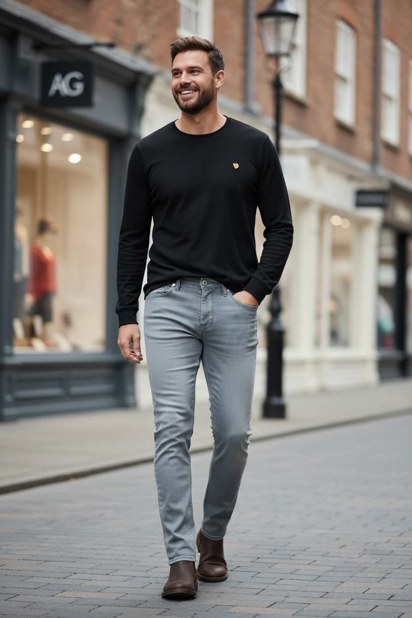 Man wearing the AG Everett Jean in Ocean Breeze with the Fjällräven Bergtagen Merino L/S Shirt in Black on a city street, an easy outfit for city strolls, shopping and weekend errands