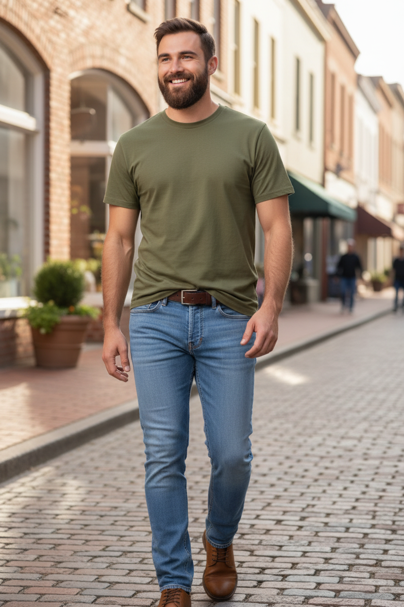 Man wearing the AG Everett Jean in Saltillo with the Rhythm Classic Vintage Tee in Olive, a light-wash slim straight jean and soft vintage tee for downtown strolls, weekend errands and casual dinners out