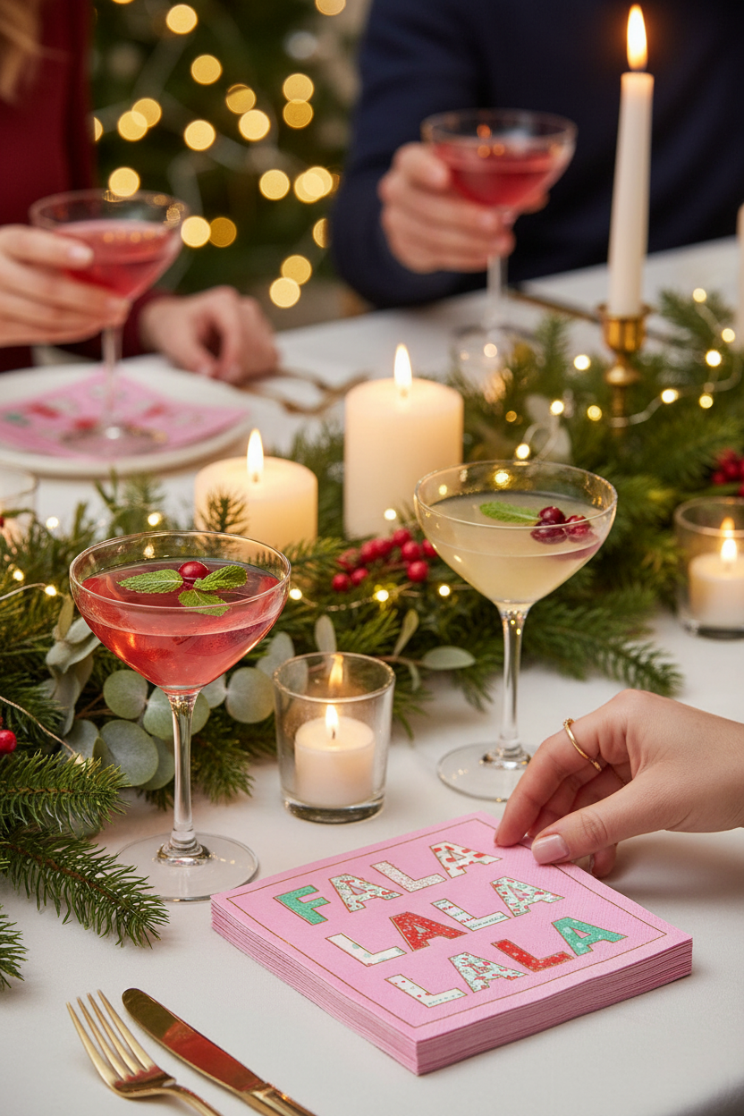 Sophistiplate 'Falalalala' Cocktail Napkins on a festive party table with cocktails, perfect for holiday parties, happy hours and hosting