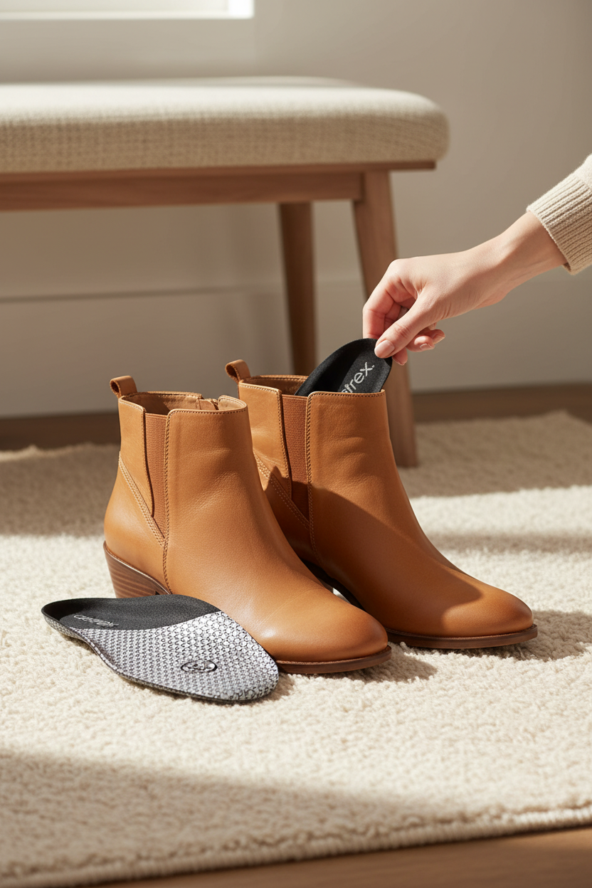 Aetrex Fashion Orthotics L100 next to camel leather shoes by an entryway bench, perfect for all-day comfort in heels, flats, boots and sneakers