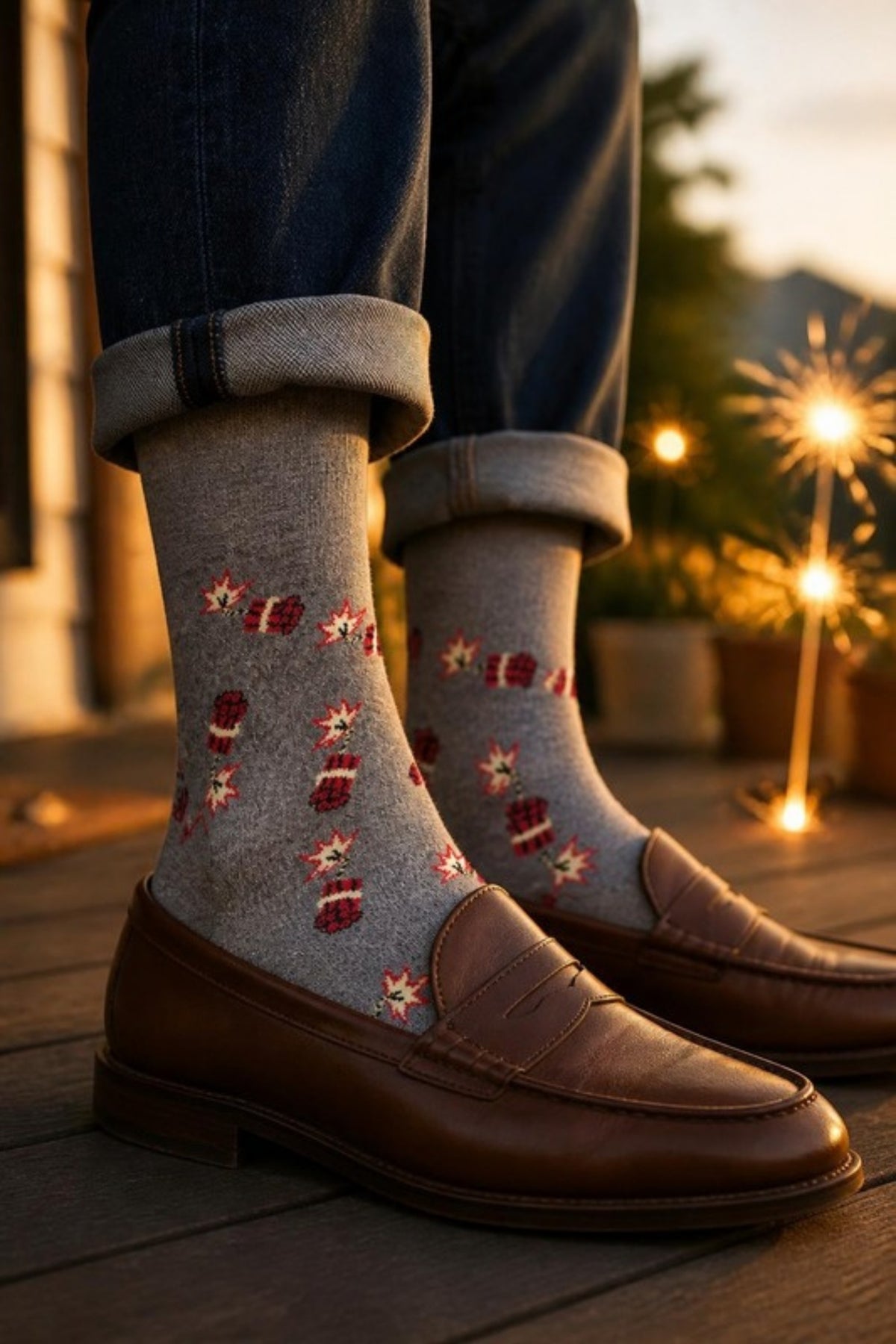 Johnston & Murphy Firecracker Novelty Socks in Grey worn with cuffed jeans and loafers on a summer porch, festive Pima cotton socks for Fourth of July cookouts, backyard fireworks and summer parties