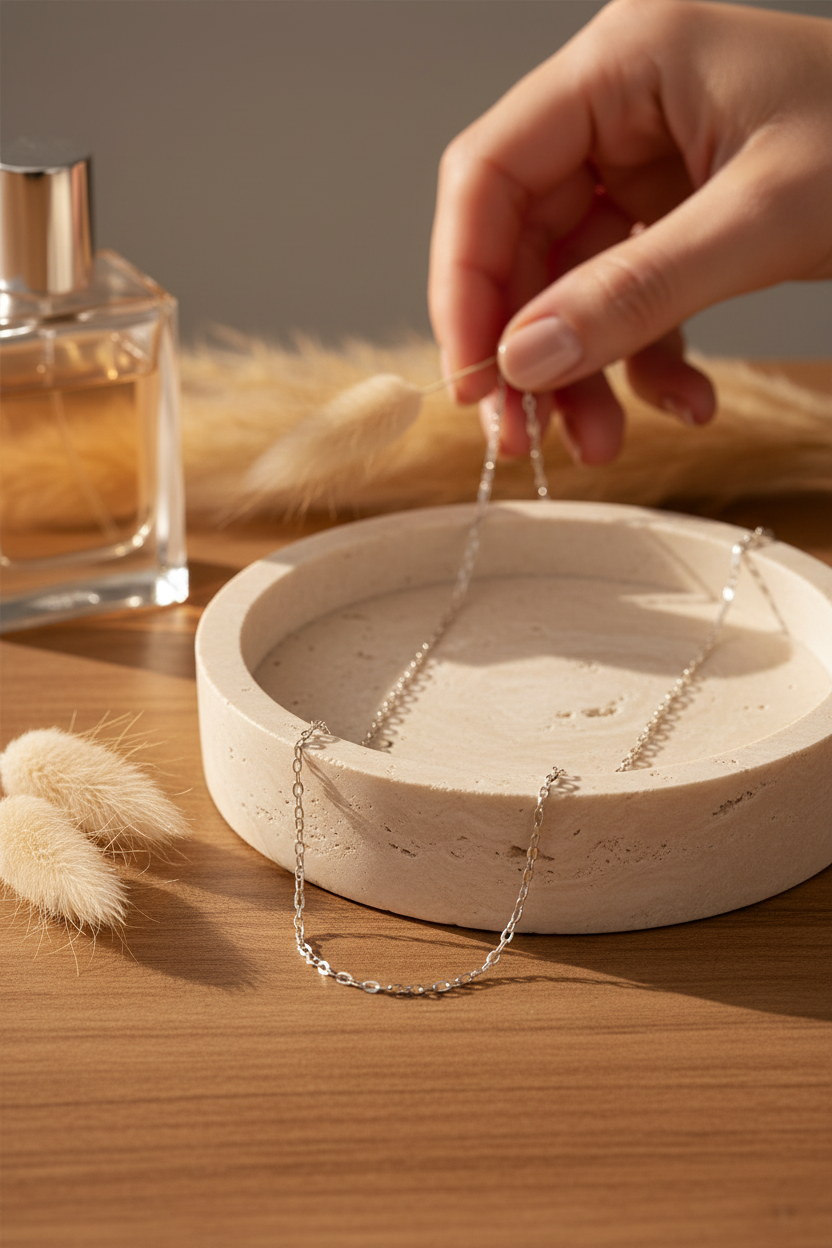 Waxing Poetic Flat Cable Chain draped on a travertine jewelry dish, perfect for layering, everyday wear and gifting