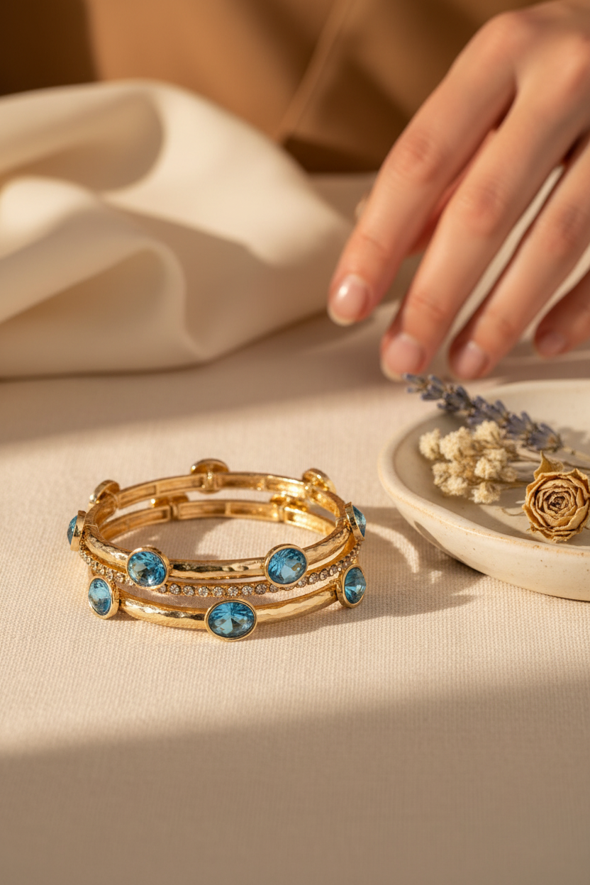 Forever Yours Bracelet in Aqua styled on cream linen with dried florals, perfect for stacking, everyday wear and gifting