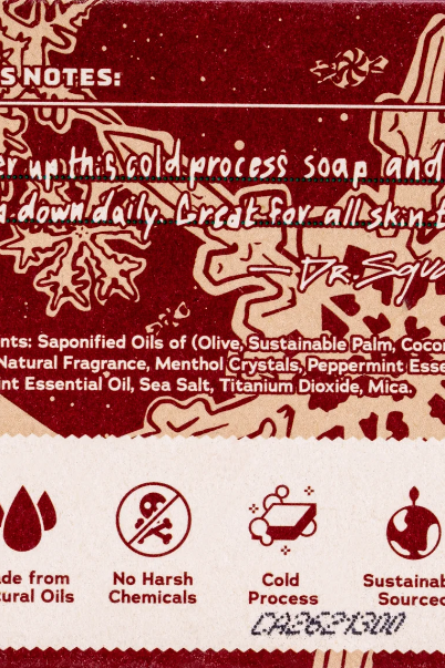 Dr. Squatch Frosty Peppermint bar soap with spearmint and peppermint, a cooling holiday men's soap that makes a perfect stocking stuffer