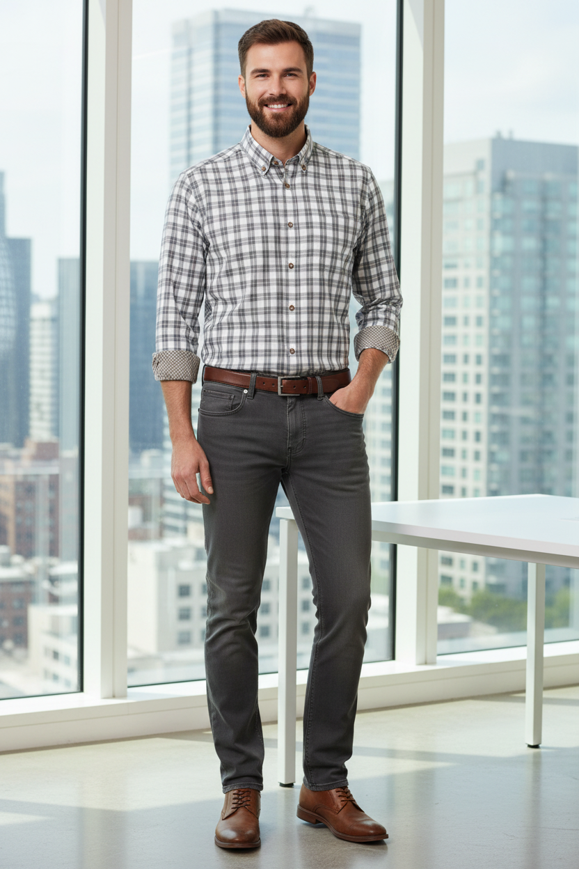 Man wearing the 7 Diamonds Generation 5 Pocket Pant in Graphite with the Johnston & Murphy Heathered Woven Shirt in Navy/Tan Shadow Grid in a modern office, an easy outfit for the office, casual Fridays and business-casual days