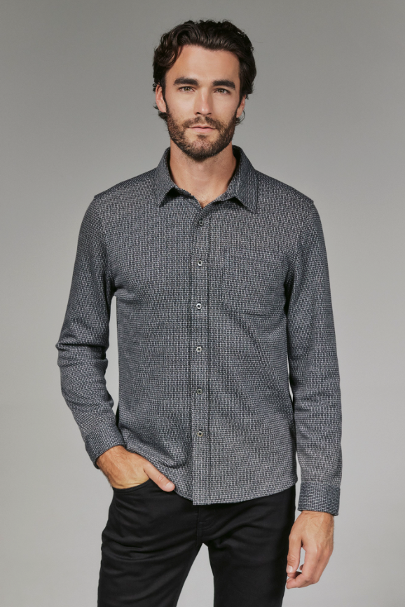 7 Diamonds Generation houndstooth knit shirt in Black Navy, a double-knit 4-way stretch button-up for the office, date nights, holiday parties and dinners out