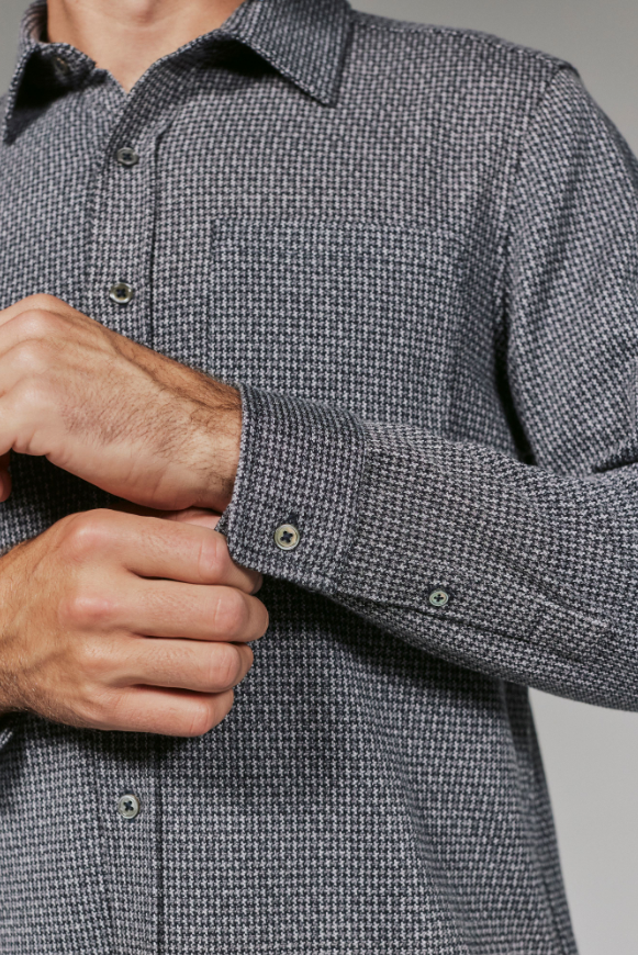7 Diamonds Generation houndstooth knit shirt in Black Navy, a double-knit 4-way stretch button-up for the office, date nights, holiday parties and dinners out