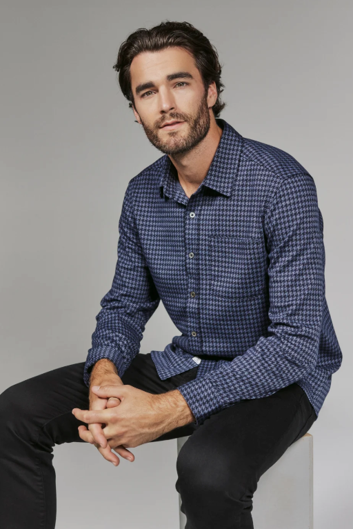 7 Diamonds Generation houndstooth knit shirt in Navy, a double-knit 4-way stretch button-up for the office, date nights, holiday parties and dinners out