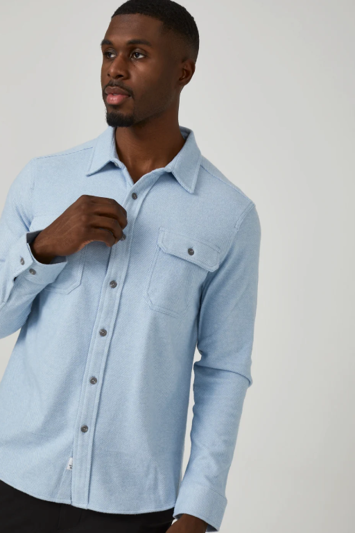 7 Diamonds Generation long sleeve shirt in Light Blue, a soft-touch double-knit jacquard layer for the office, date nights, travel and dinners out