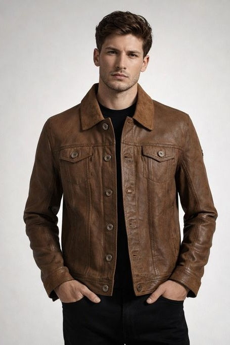Dark whiskey leather trucker jacket to wear over a tee or flannel for weekend road trips, trailhead coffee runs, and casual nights out