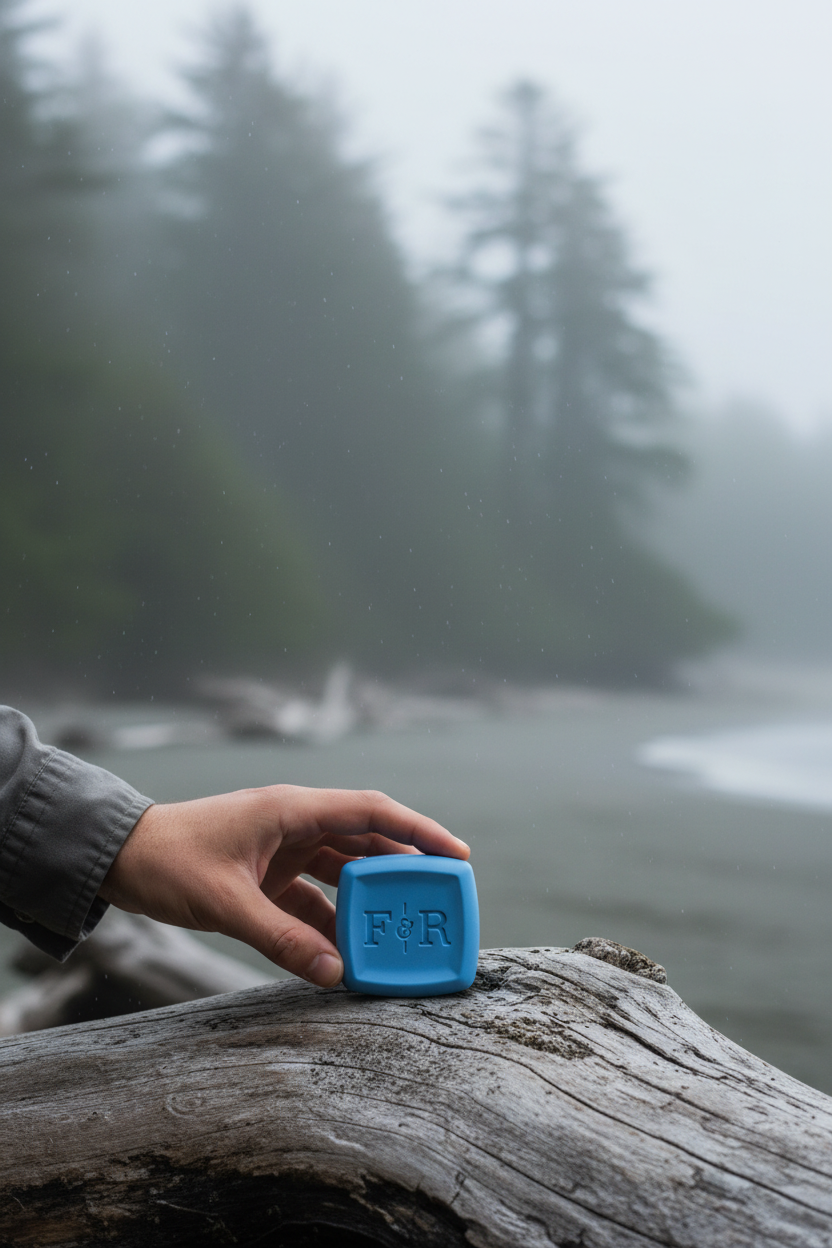 Fulton & Roark Ghost Trees solid cologne on driftwood on a misty Pacific Northwest coast, a woody, musky sea spray, juniper and cypress fragrance for coastal weekends and everyday wear