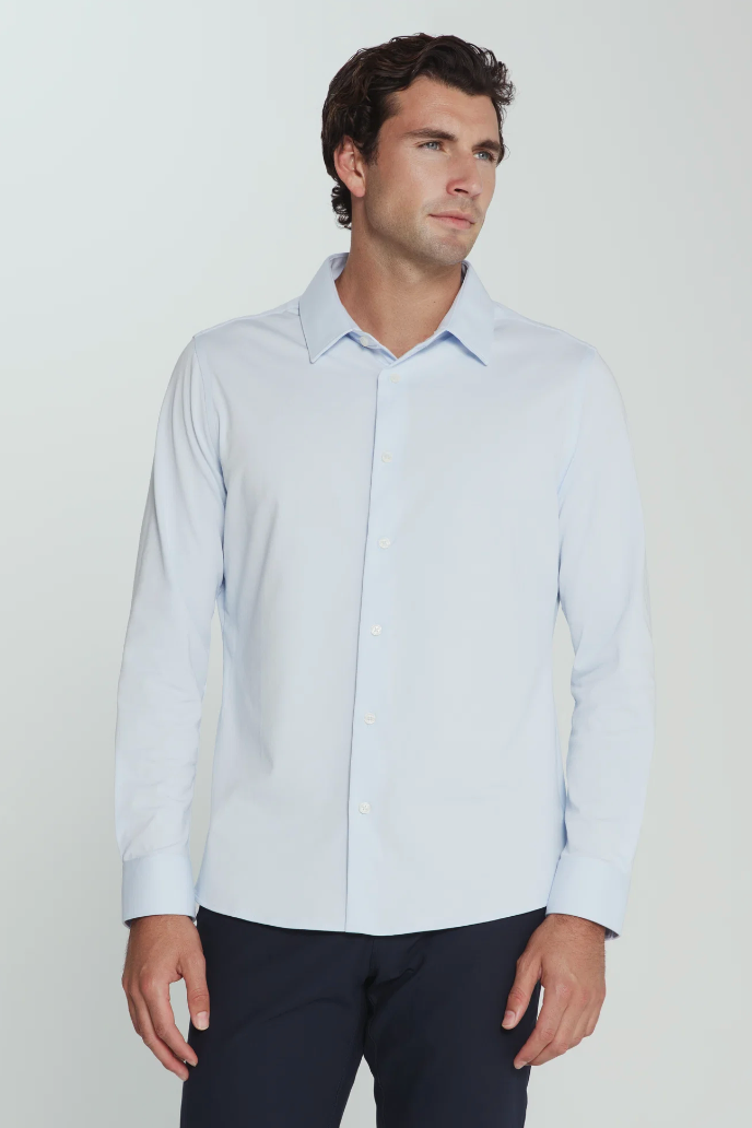 7 Diamonds Girona long sleeve in Light Blue, a comfortable stretch button-up for the office, date nights, weddings and dinners out