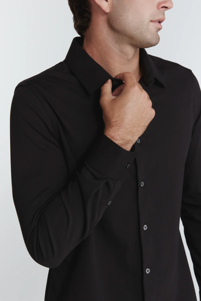 7 Diamonds Girona long sleeve shirt in Black, a sleek, comfortable stretch button-up for the office, weddings, date nights and dinners out