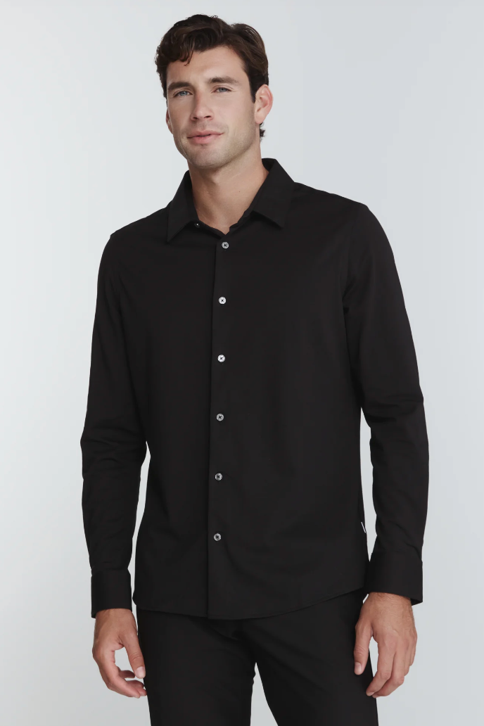 7 Diamonds Girona long sleeve shirt in Black, a sleek, comfortable stretch button-up for the office, weddings, date nights and dinners out