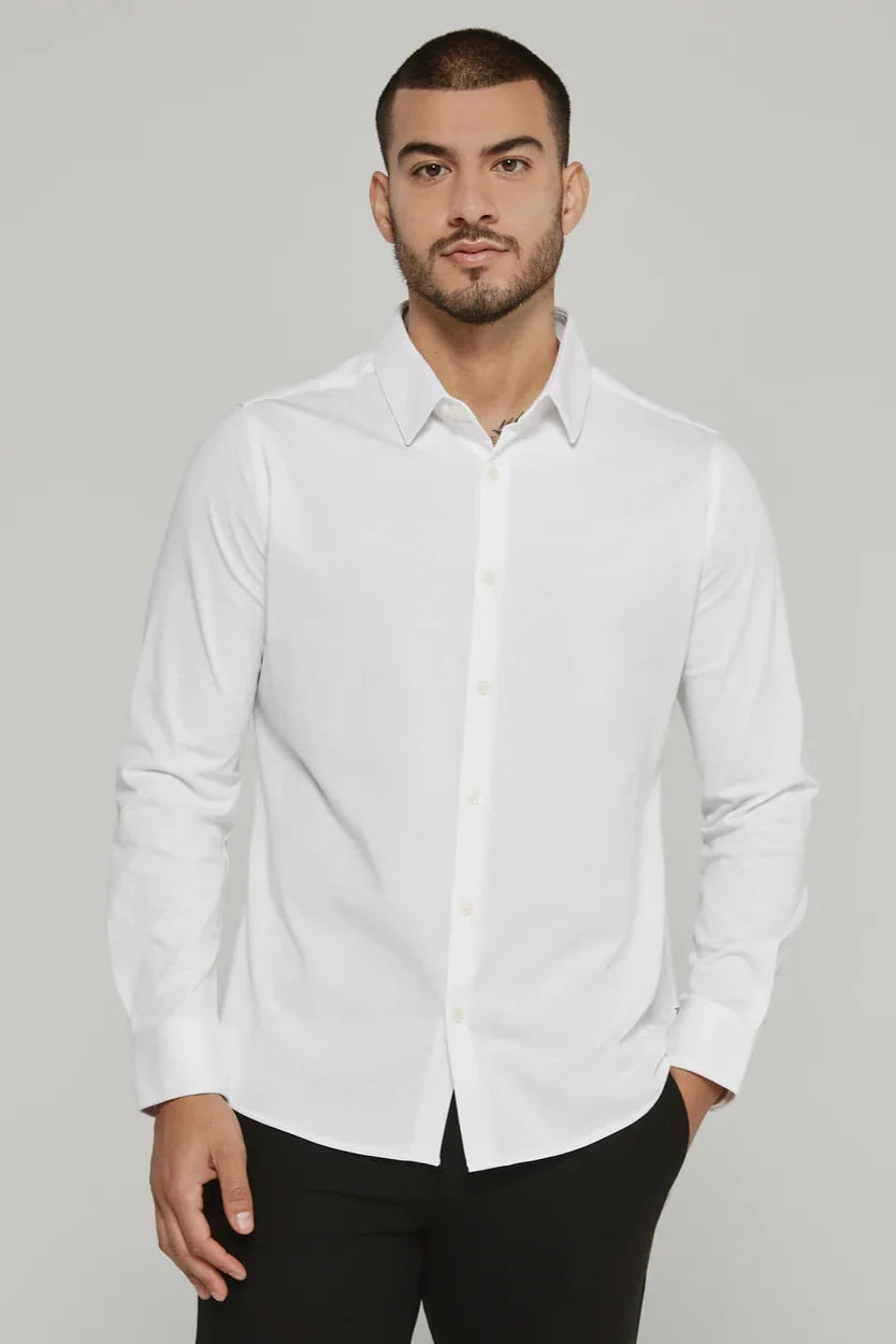 7 Diamonds Girona long sleeve shirt in White, a crisp, comfortable stretch button-up for the office, weddings, date nights and dinners out