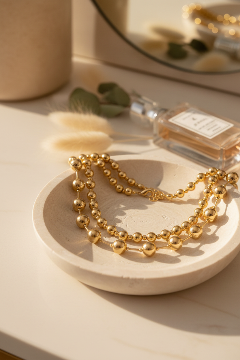 Gold Double Layered Multiway Necklace on a travertine jewelry dish, perfect for layering, everyday wear and gifting