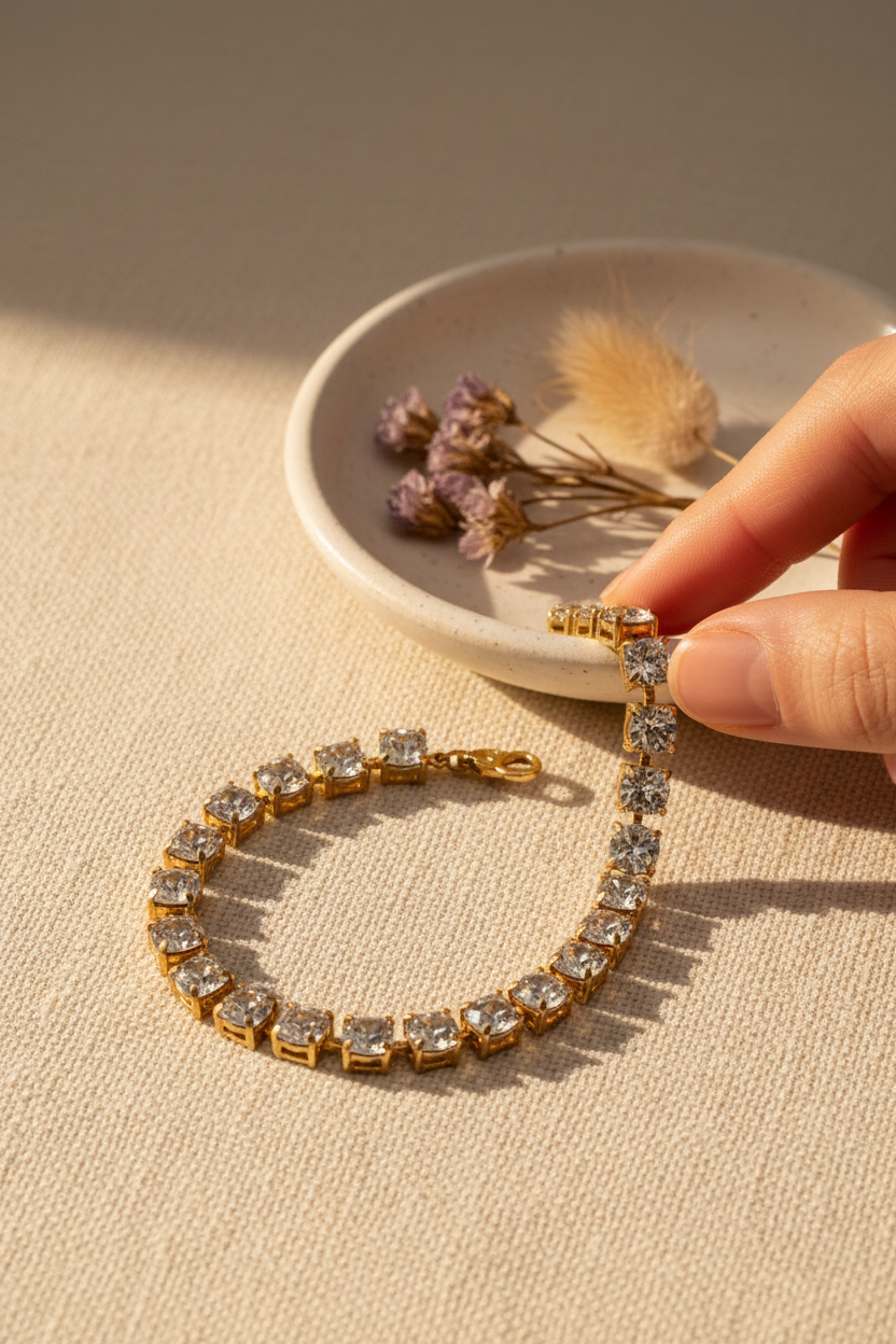 French Kande Gold Lily Bracelet styled on cream linen with dried florals, perfect for stacking, everyday wear and gifting