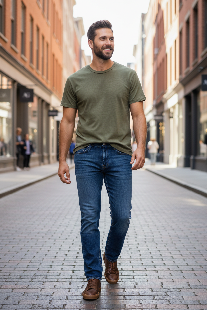 Man wearing the AG Graduate in Sequel with the Rhythm Classic Vintage Tee in Olive on a city street, an easy outfit for city strolls, shopping and weekend errands