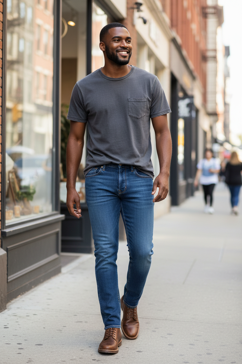 Man wearing the AG Graduate Denim Midlands with the DUER PurePima Cotton Tee in Washed Grey on a city street, an easy outfit for city strolls, shopping and weekend errands