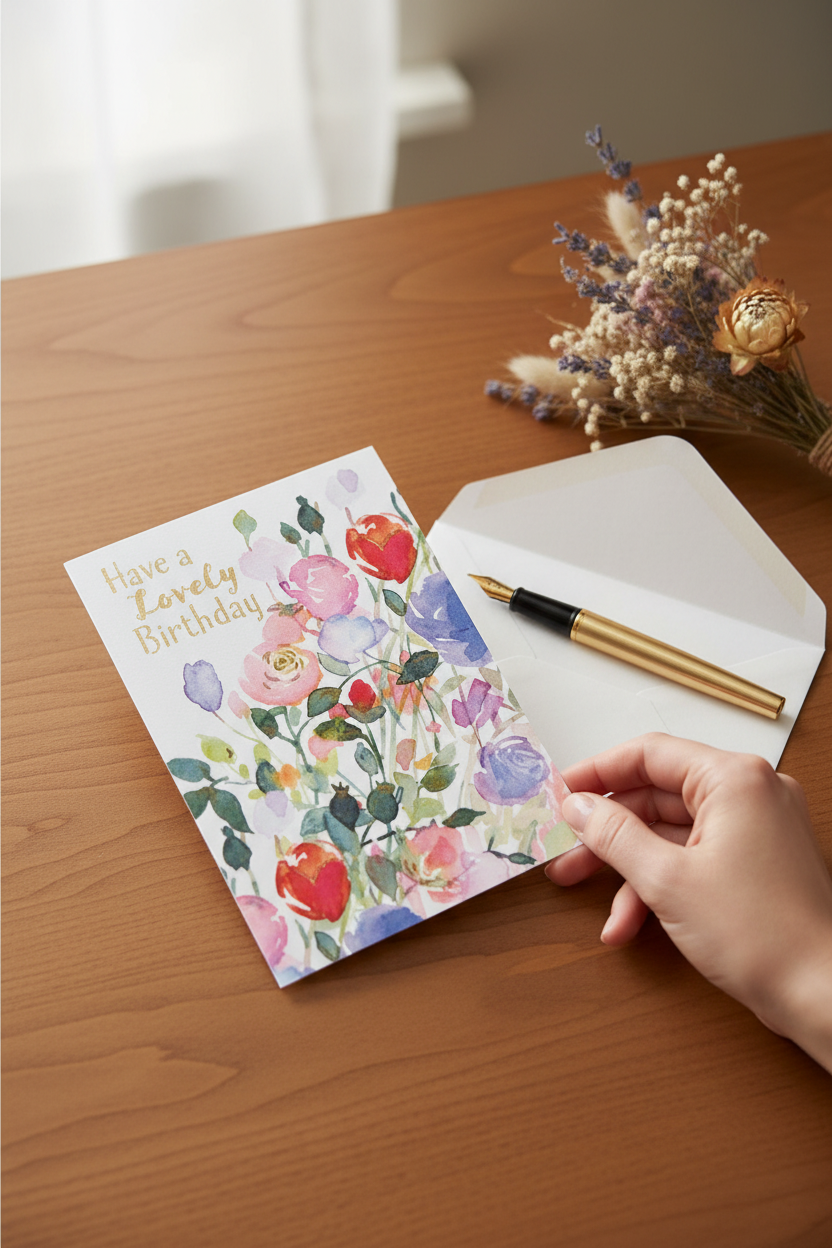 Gina B Designs Greeting Cards on a desk with an envelope and flowers, perfect for birthdays, thank-yous and every occasion