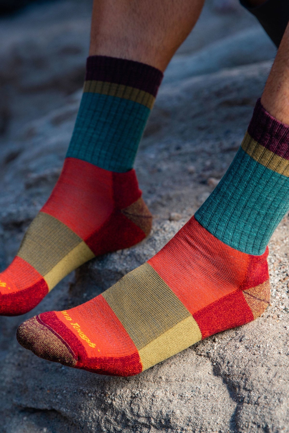 Darn Tough Heady Stripe Micro Crew Lightweight Hiking Socks in Teal, a lightweight cushioned merino hiking sock with retro stripes for day hikes, trail runs and everyday wear with boots or sneakers, guaranteed for life