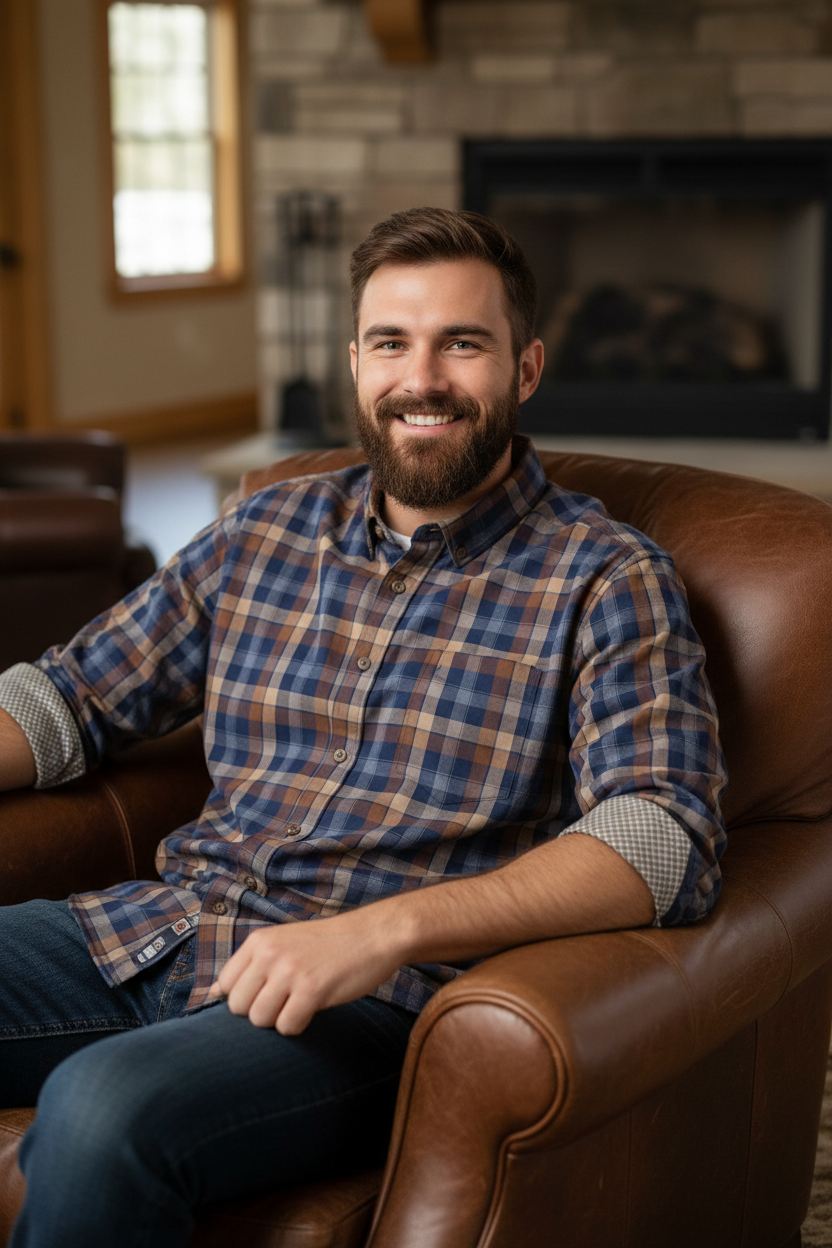 Johnston & Murphy Heathered Woven Shirt in navy/brown large plaid, a warm-toned plaid button-down made for relaxed evenings at home, holiday gatherings and weekend coffee runs.